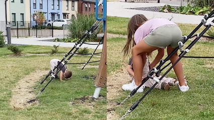 Toddler pretends to get hurt so his sister could rescue him and give him attention