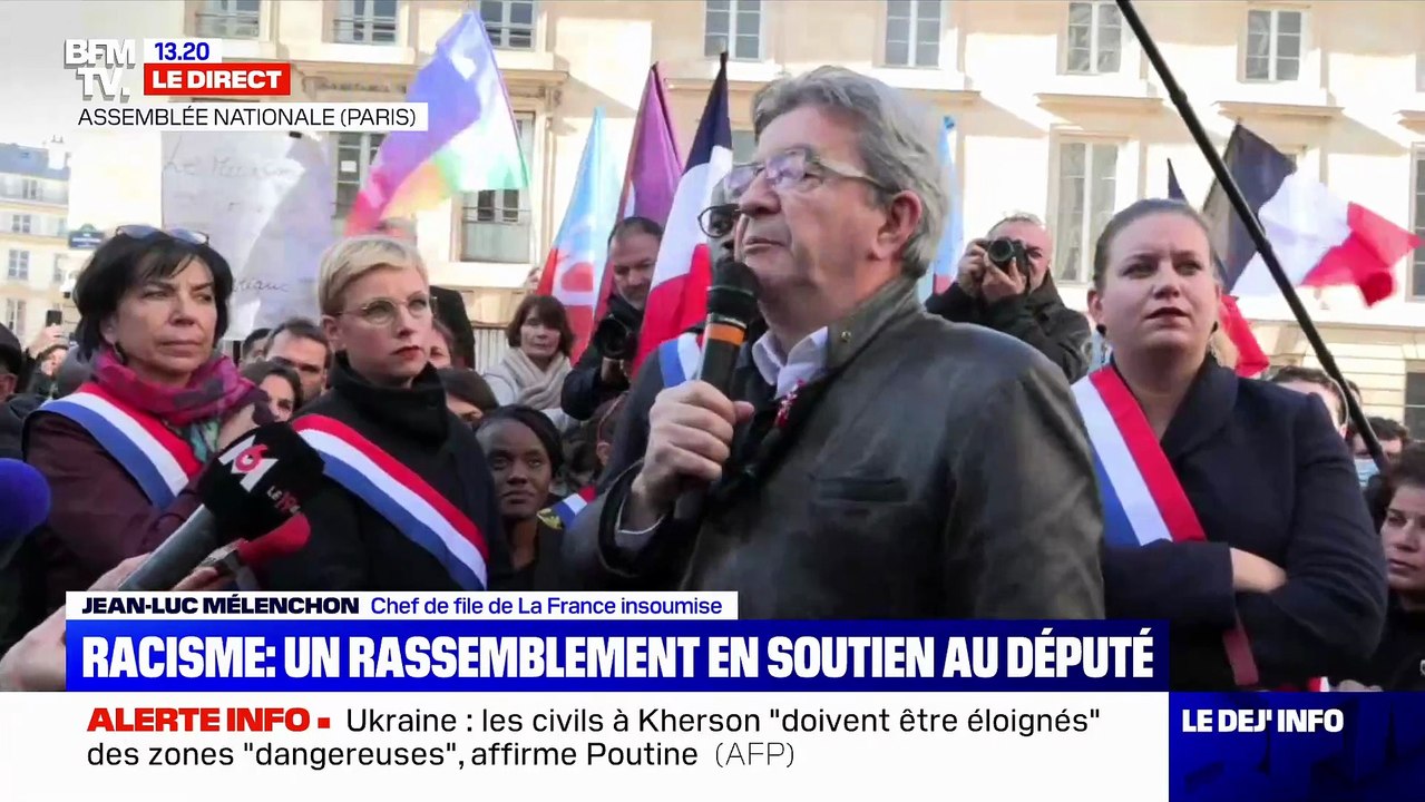 Devant l'Assemblée nationale, Jean-Luc Mélenchon scande: "Dehors ! Dehors !" à l'égard du député RN accusé depuis hier, qualifiant le parti de Marine Le Pen de "raciste et fasciste" - VIDEO