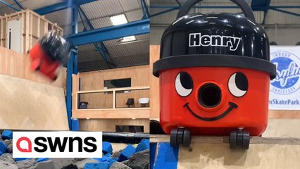 Funny footage shows Henry the Hoover testing out the ramps at a skate park and a fairground