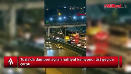 Tuzla'da kamyon damperi üst geçide takılı kaldı