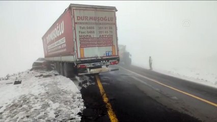 Sis ve buzlanma nedeniyle tır ile otomobil çarpıştı