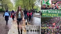 Protester, 36, walks through London topless while painted as a bird in demonstration to support declining species - while thousands take to the capital for 'Britain is Broken' march calling for general election