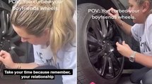Hilarious moment woman uses nail polish to cover her tracks after crashing her boyfriend's car into a curb