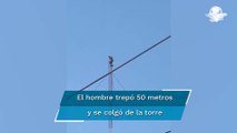 Trabajador en crisis, roba camioneta y luego se quita la vida colgándose de torre en Edomex