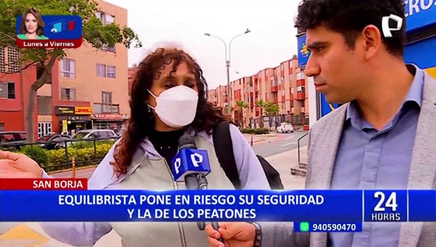 San Borja: Equilibrista amarra soga entre semáforos generando riesgo para los peatones