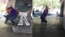 Skateboarder falls on his butt after wall-riding attempt doesn't go as planned