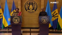 Barbados Prime Minister Mia Amor Mottley addresses the press in Kigali