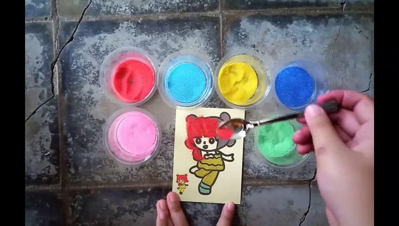 coloring a a cute and beautifull girl with sand art painting