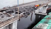 Drone footage shows collapsed strategic bridge near Ukraine's Kherson.Drone flight under Antonovsky bridge Kherson