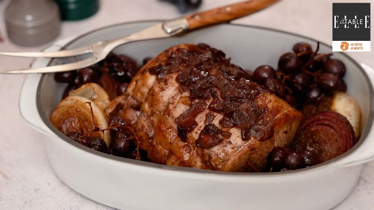 Filet mignon rôti, grappes de raisin marinées au vin et laquées au miel