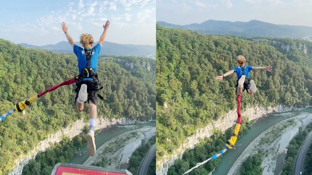 INSANE BUNGEE JUMP! Adventure-lover jumps off 200+ meters bridge without hesitation