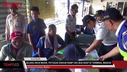 Jelang Arus Mudik, Petugas Dishub Ramp Cek Bus Akap di Terminal Madiun