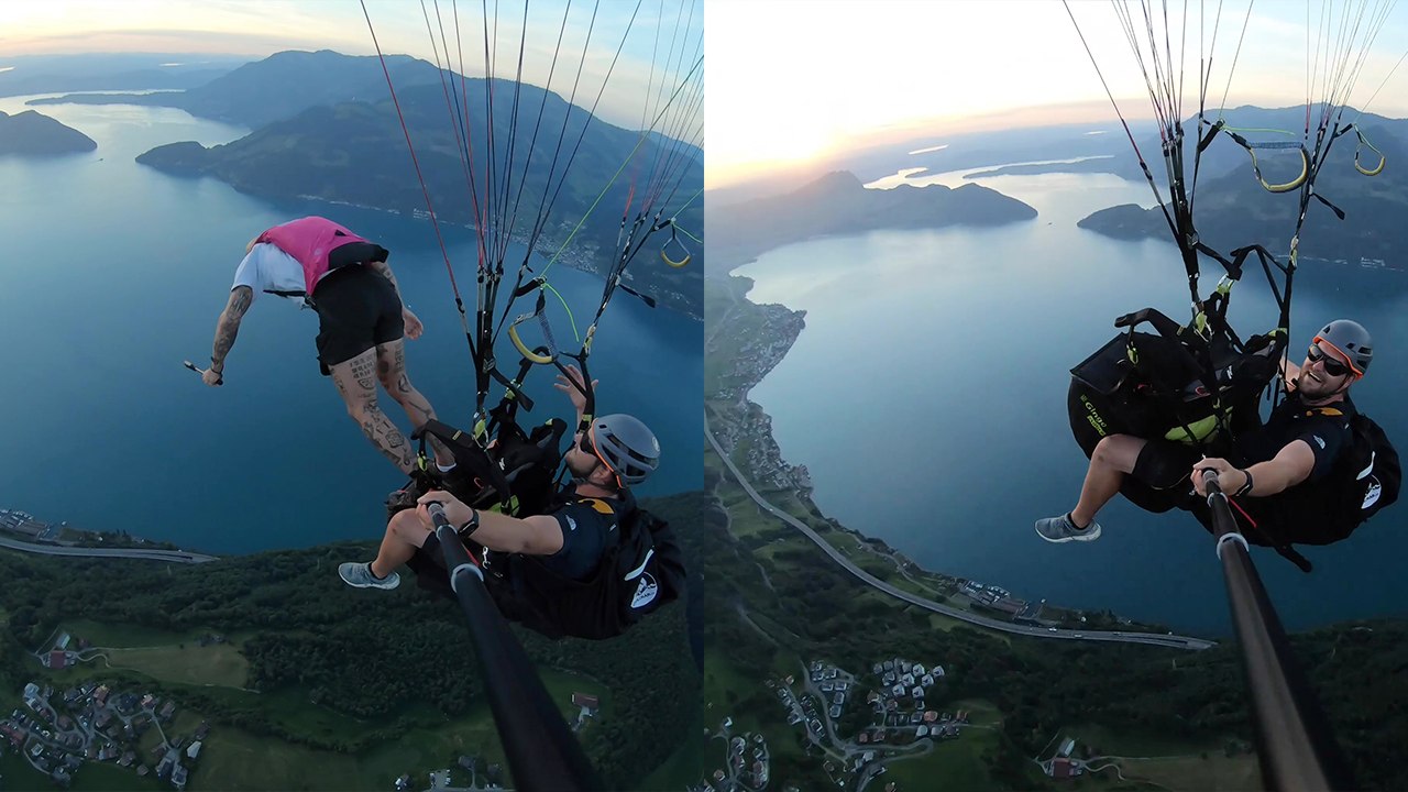 Adrenaline-junkie pulls off INSANE base jump while paragliding over heavenly peaks of Switzerland