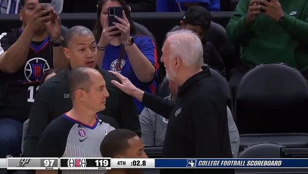 Nov 19, 2022 - Kawhi Leonard and Gregg Popovich share a moment after Clippers vs Spurs