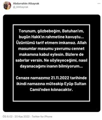 Abdurrahim Albayrak hayatını kaybeden torunu ile ilgili paylaşım yaptı