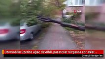 Otomobilin üzerine ağaç devrildi, pazarcılar rüzgarda zor anlar yaşadı