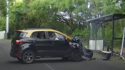 Driver caught on camera ditching stolen car after crashing into bus stop
