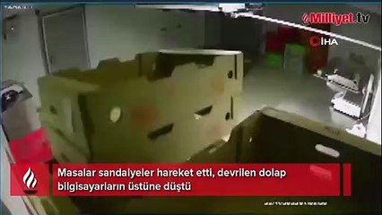 Masalar sandalyeler hareket etti, devrilen dolap bilgisayarların üstüne düştü