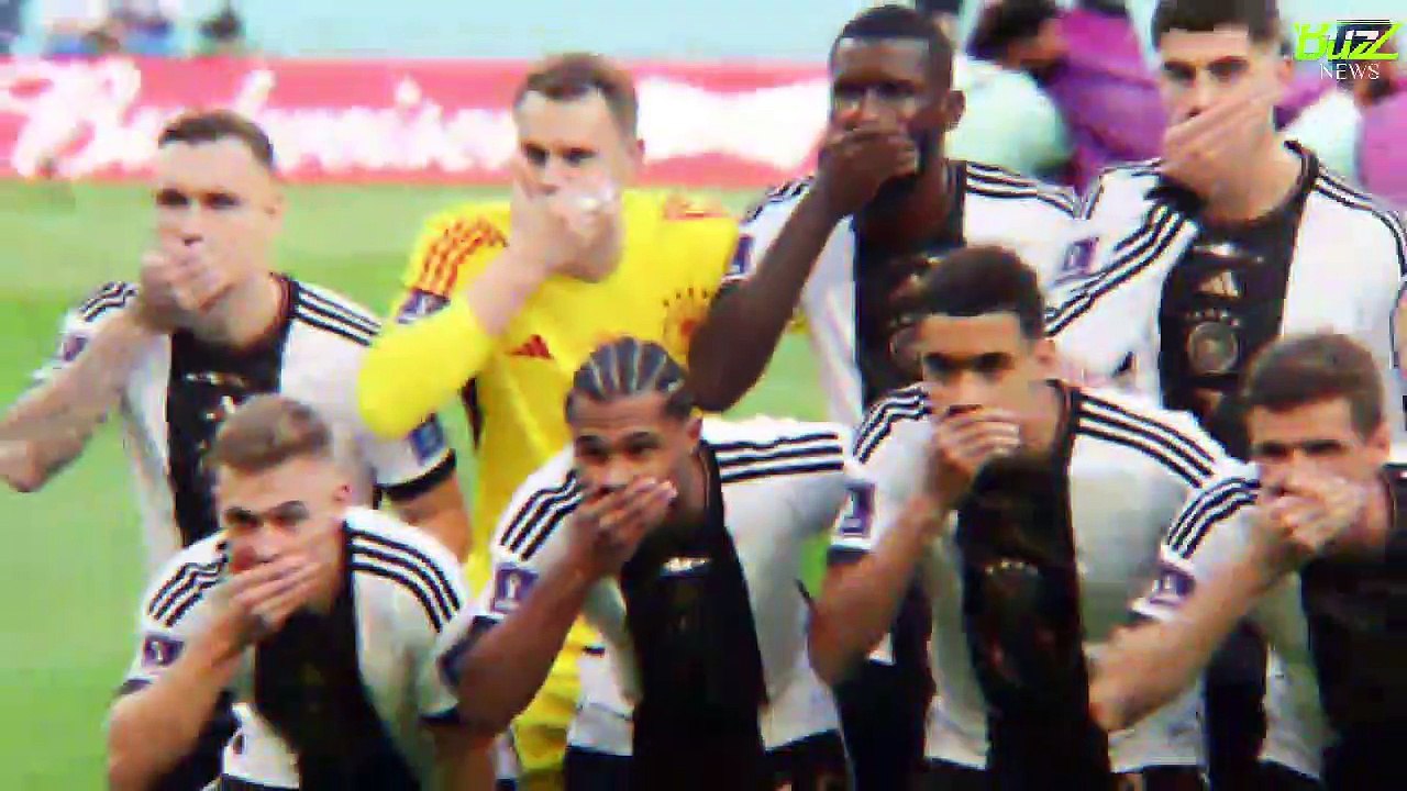 Germany team cover their mouths in team photo after not being allowed to wear the OneLove armband