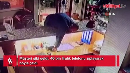 Kısa boylu hırsızın azmi! 40 bin liralık telefonu zıplayarak çaldı