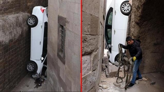 Öğretmenlerin kutlama kahvaltısı, kabusla sonuçlandı! Dönüş yolunda 5 metreden düşen otomobil, 2 duvar arasına sıkıştı