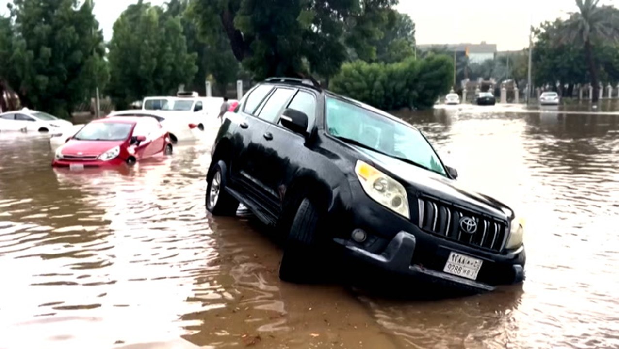 Streets submerged by heavy coastal flooding in Saudi Arabia