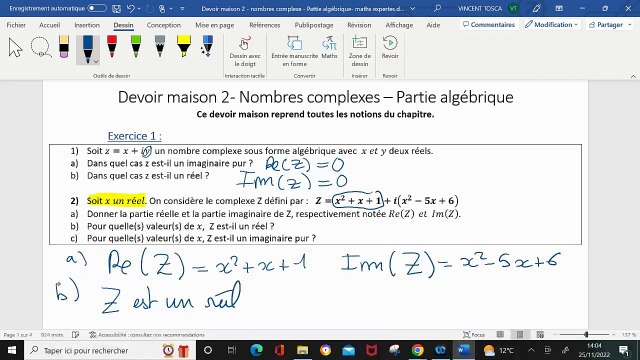Exercice 1 - DM2 maths expertes - nombres complexes partie algébrique - 2022- 2023