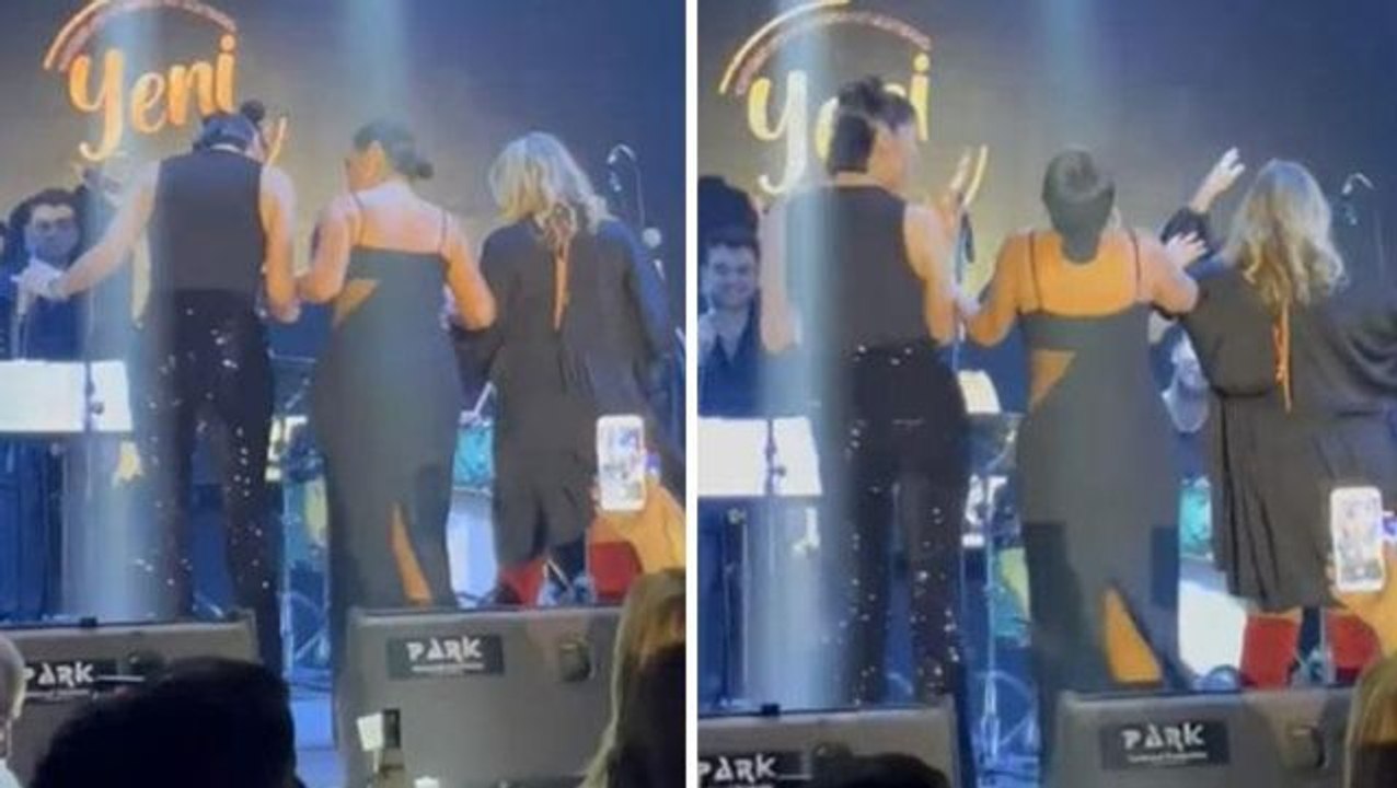 Kasık yırtmaçlı elbisesiyle sahneye çıkan Hülya Avşar, Deniz Akkaya ve Saba Tümer'le kalça dansı yaptı