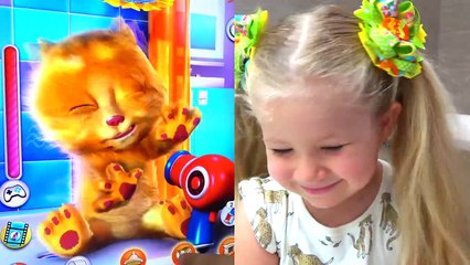 Diana and Funny Cat eats Breakfast and Plays