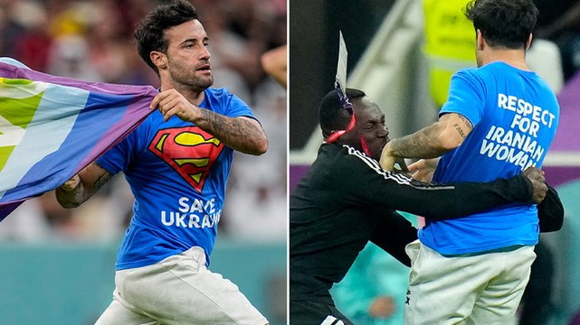 Pitch invader waving pride flag tackled after storming World Cup match