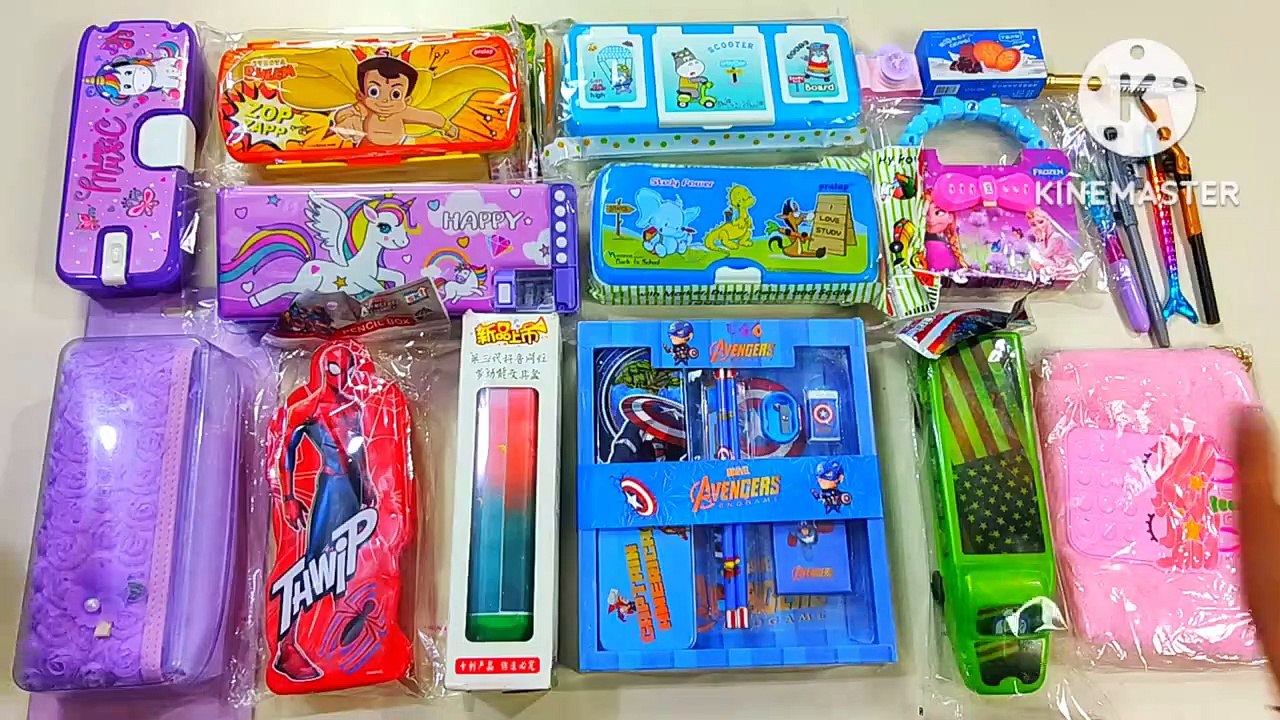 unboxing collection of pencil case, white board pencil box, unicorn pen