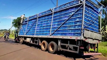 Bombeiros combatem incêndio em caminhão de frango na Região Norte