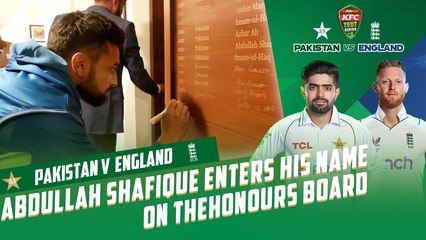 First-innings centurion Abdullah Shafique enters his name on the Pindi Cricket Stadium honours board