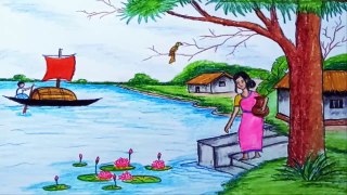 rural life with working women drawing scenery || natural rural life drawing scenery