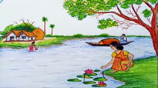 how to draw a girl with nature drawing scenery || natural view and village girl life drawing scenery