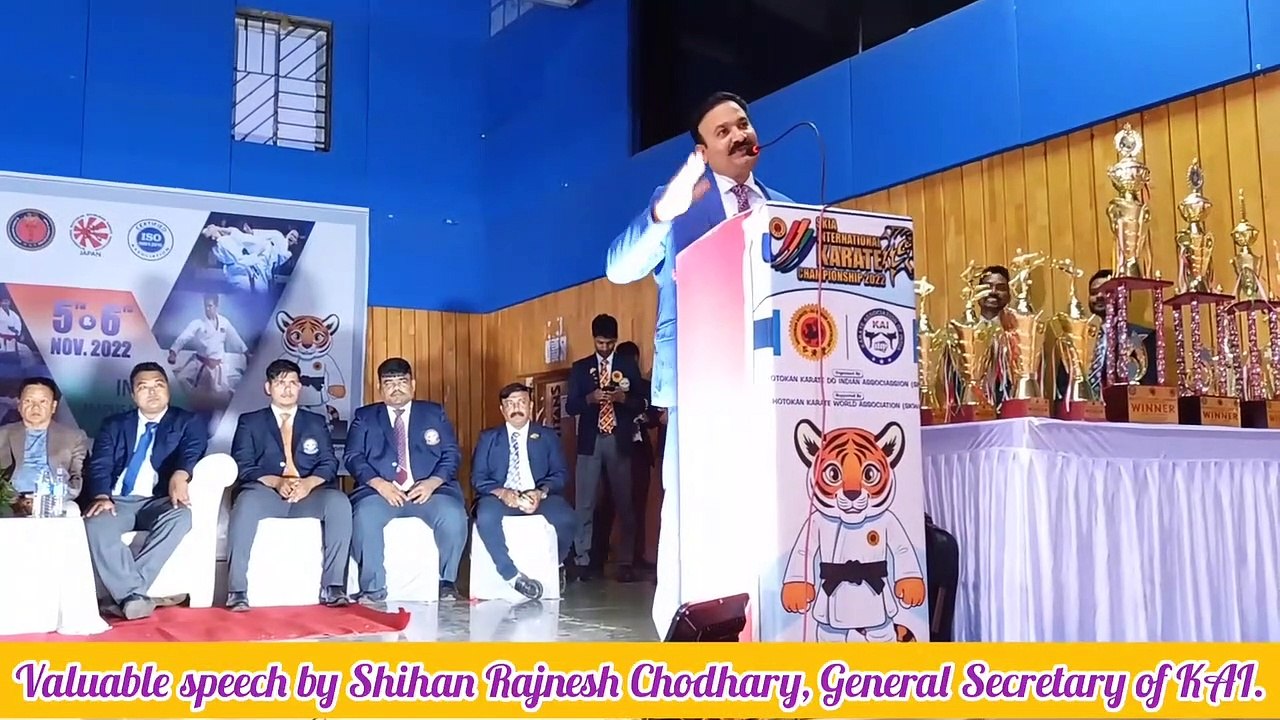 "S.K.I.A - International Karate Championship 2022" auspicious ceremony came on stage, "Karate Association Of India's" G.S, Shihan Rajnesh Choudhary and Treasurer Mr. Avinash Sethi, welcome and formal inauguration of the ceremony.