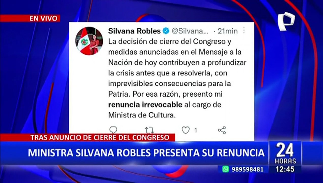 Ministra Silvana Robles presenta su renuncia tras disolución temporal del Congreso