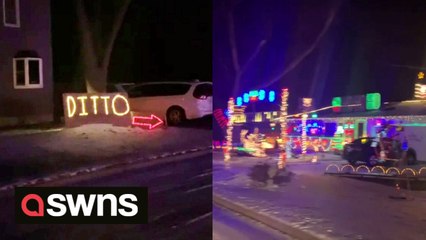 Wisconsin homeowner puts up witty "ditto" sign in response to neighbours' festive light display