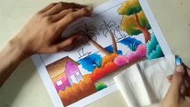 How to draw and color beach scenery with oil pastels