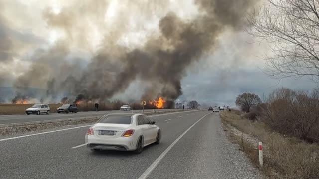 Beyşehir Gölü kıyısında sazlık alanda çıkan yangına müdahale ediliyor