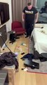 Guys Break Shelf in Hotel Room