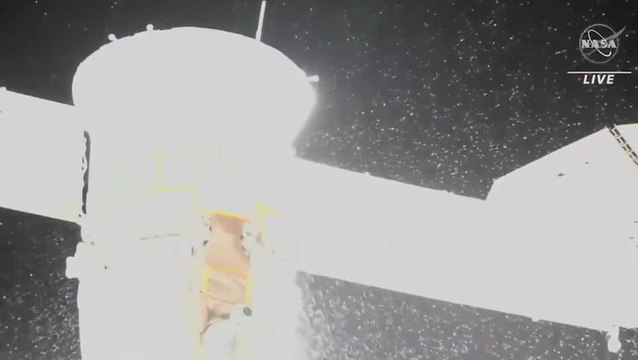 Nasa footage shows particles spraying into space off Russian capsule docked at ISS