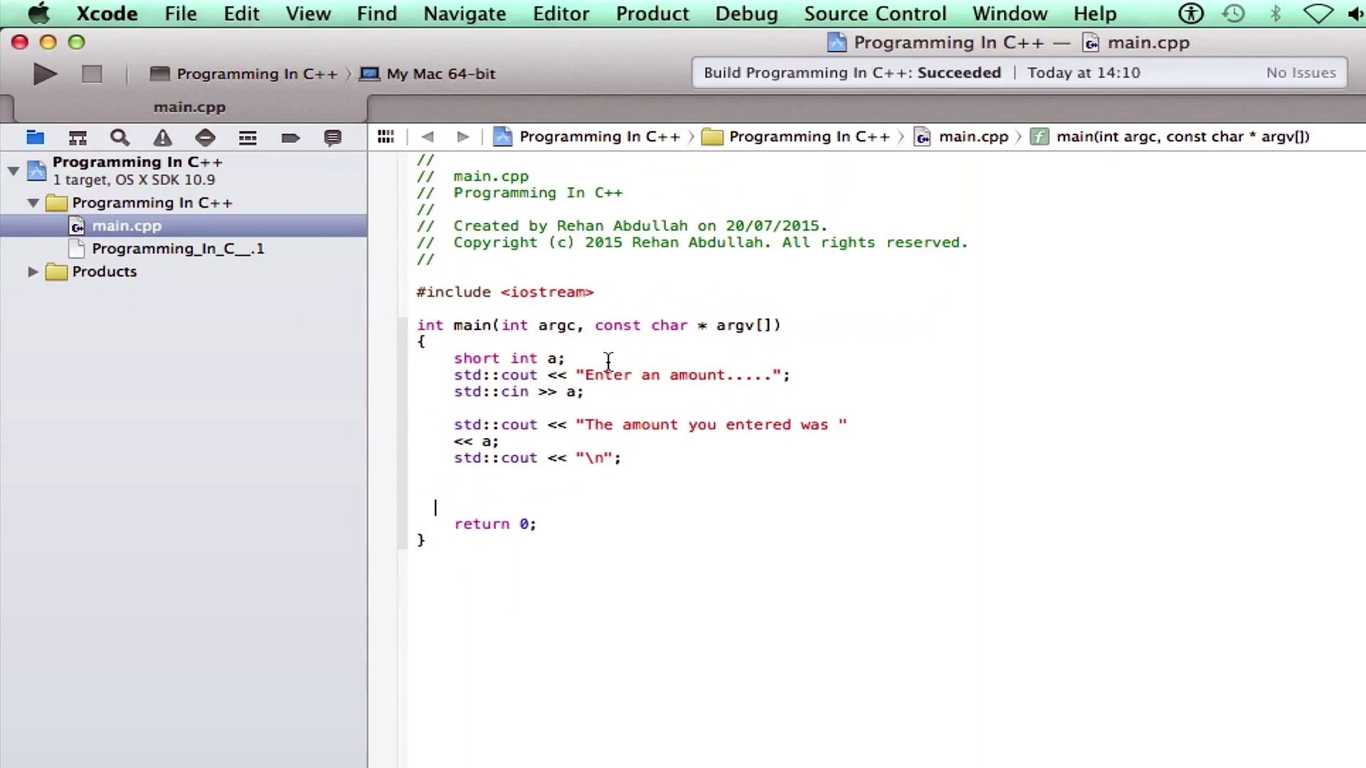 Programming in C++ / X-Code || Tutorial 4 - User Input & Reading a 