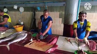 Cooking yellow fin tuna for dinner in Maldives