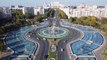 Water Fountains Unirii Square Bucharest Daytime. 4K Drone Video. Largest Water Fountain Complex in Europe.