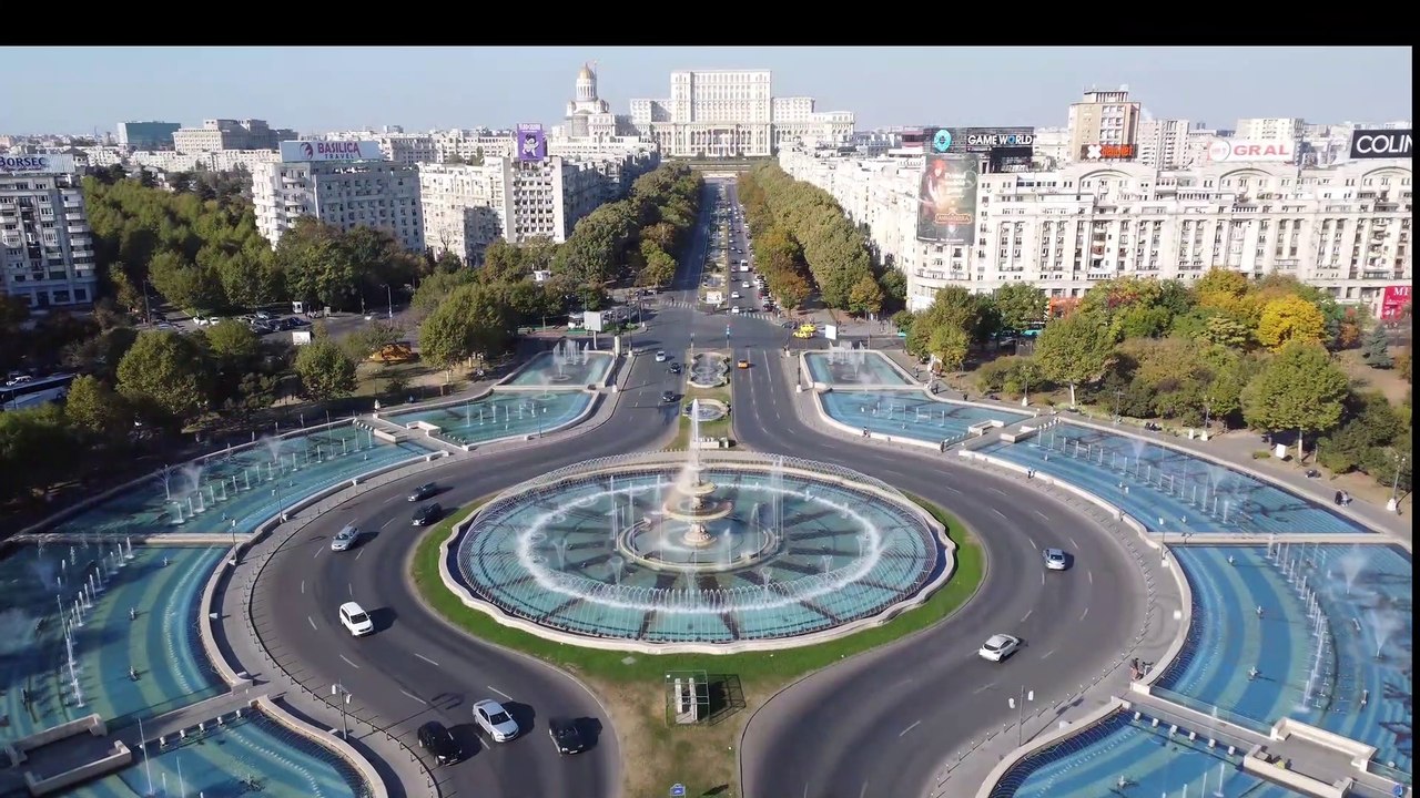 Bucharest Fountains Day & Night, Unirii Square Bucharest Romania. Drone 4K. Largest Water Fountain Complex in Europe.