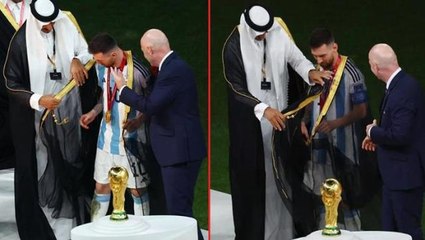 Seremoni öncesi ilginç anlar! Katarlılar, Messi'ye kupayı kaldırtmadan önce geleneksel kıyafetlerini giydirdiler