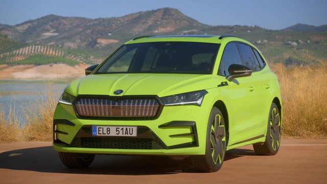 The new ŠKODA ENYAQ RS iV Design Preview in Mamba Green