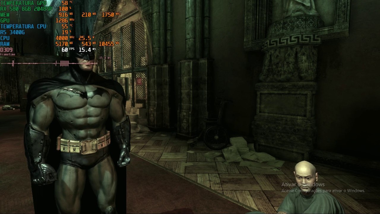 Testando Batman Arkham Asylum Rx 580 8GB 2048SP Ryzen  5 3400G