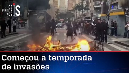 Invasores de prédio queimam pneus e vandalizam centro de SP; veja imagens